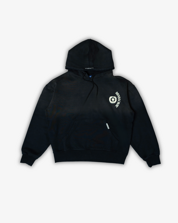 A black hoodie with a graphic print on the back, featuring a drawstring hood and ribbed cuffs.