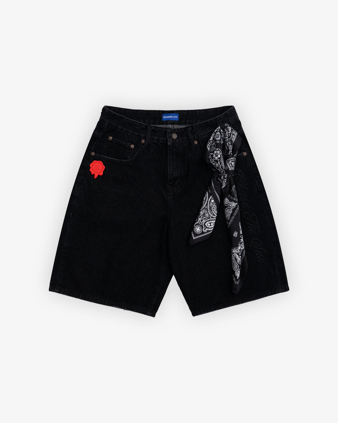 Black denim shorts with a rose patch and bandana on a white background