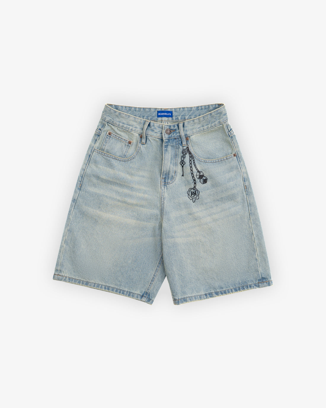 Light blue denim shorts on a white background