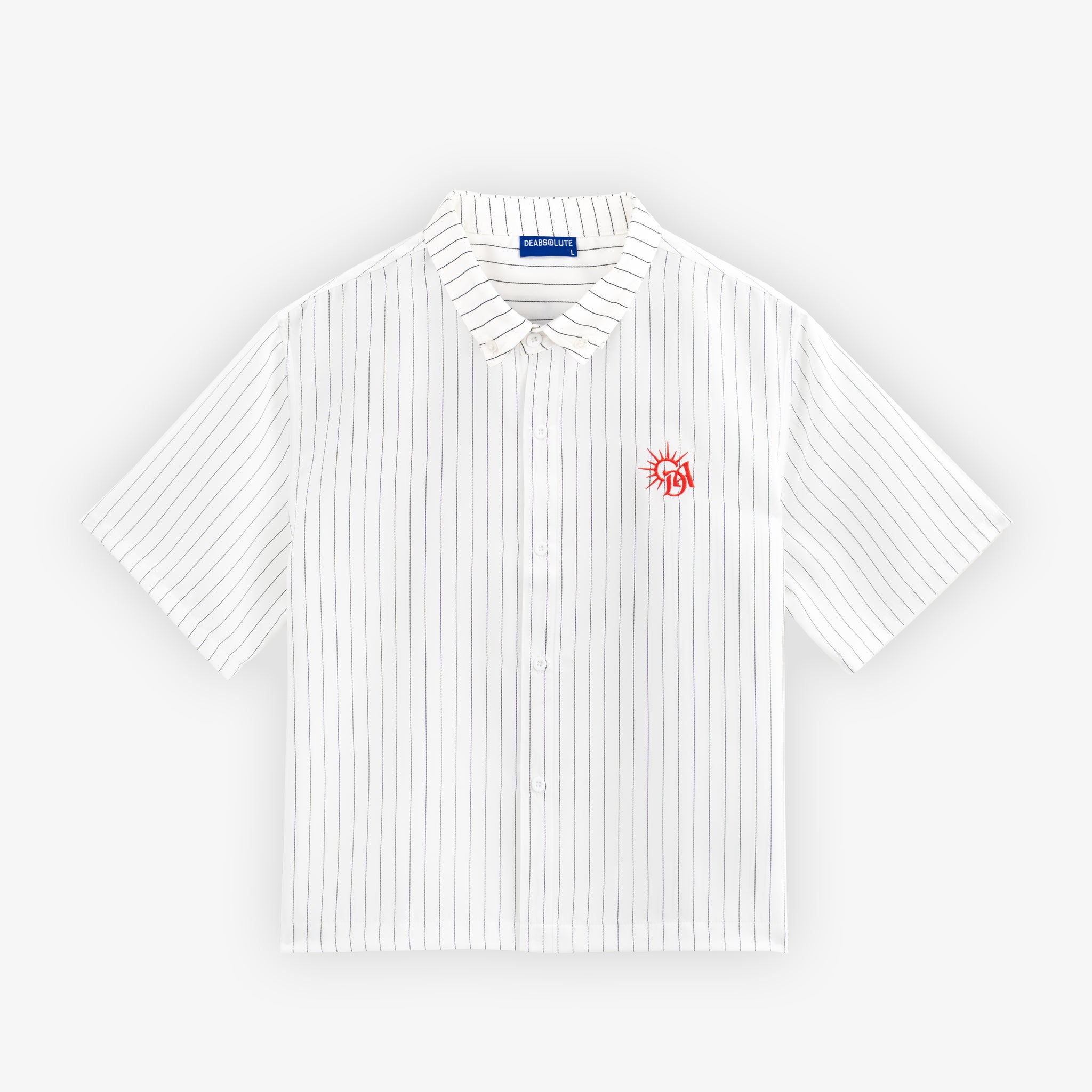 White striped shirt with a red logo on a light gray background