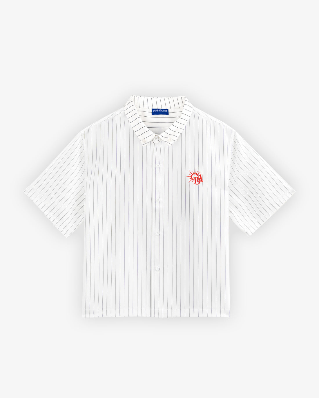 White striped shirt with a red logo on a light gray background