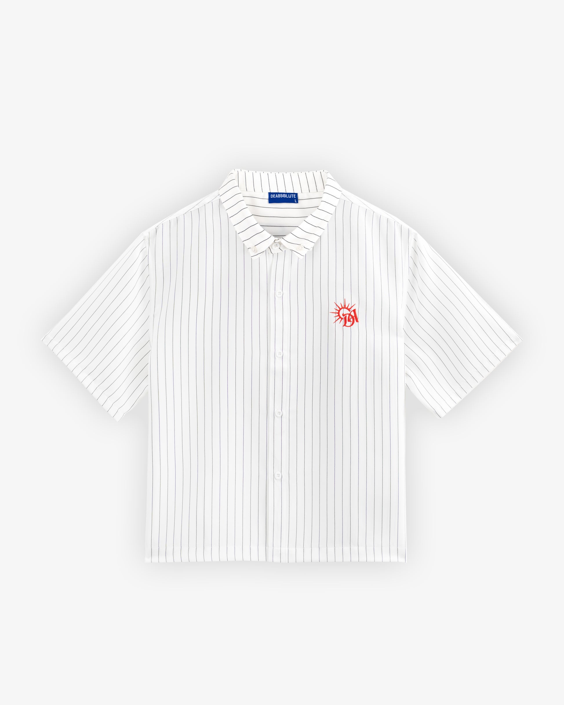 White striped shirt with a red logo on a light gray background