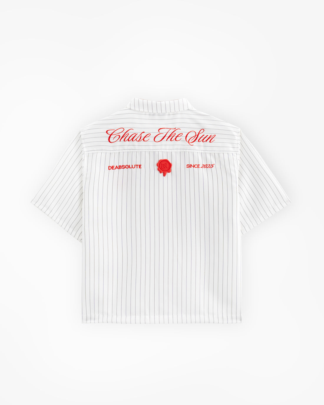White striped shirt with a red logo on a light gray background