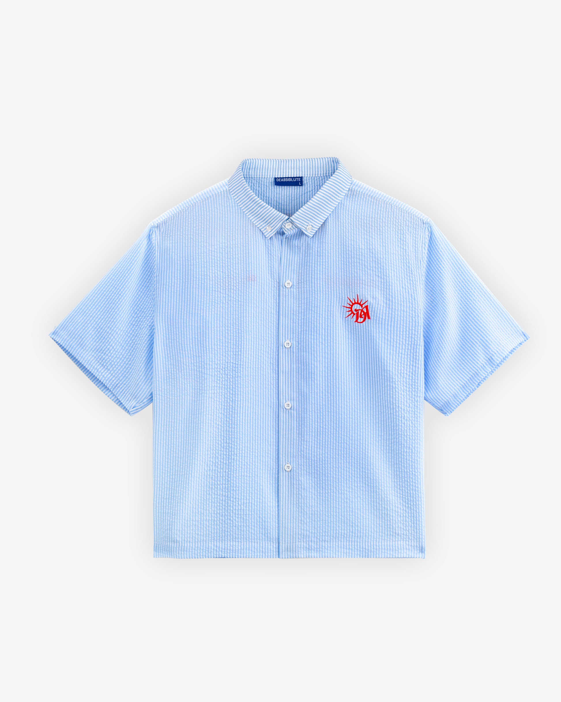 Light blue checkered shirt with a red logo on a white background